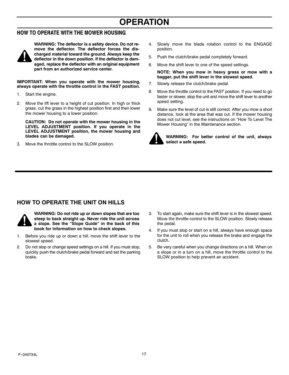 Operation, How to operate with the mower housing, How to operate the unit on hills | Murray 425015x92A User Manual | Page 17 / 52