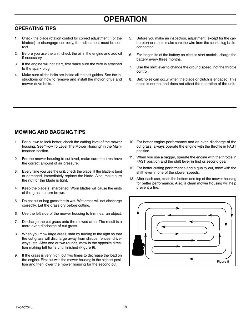 Operation, Operating tips, Mowing and bagging tips | Murray 425015x92A User Manual | Page 19 / 52
