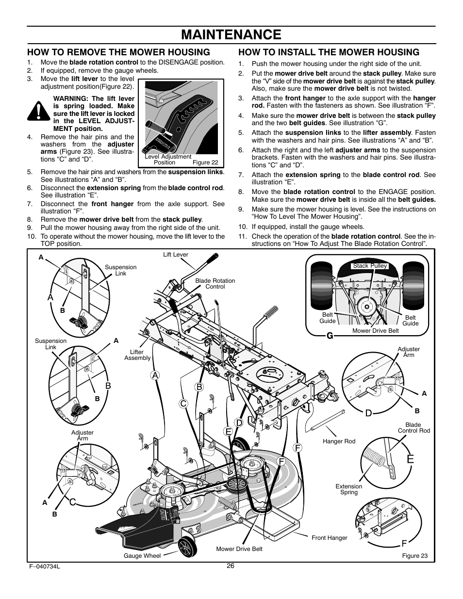 Maintenance, How to remove the mower housing, How to install the mower housing | Murray 425015x92A User Manual | Page 26 / 52