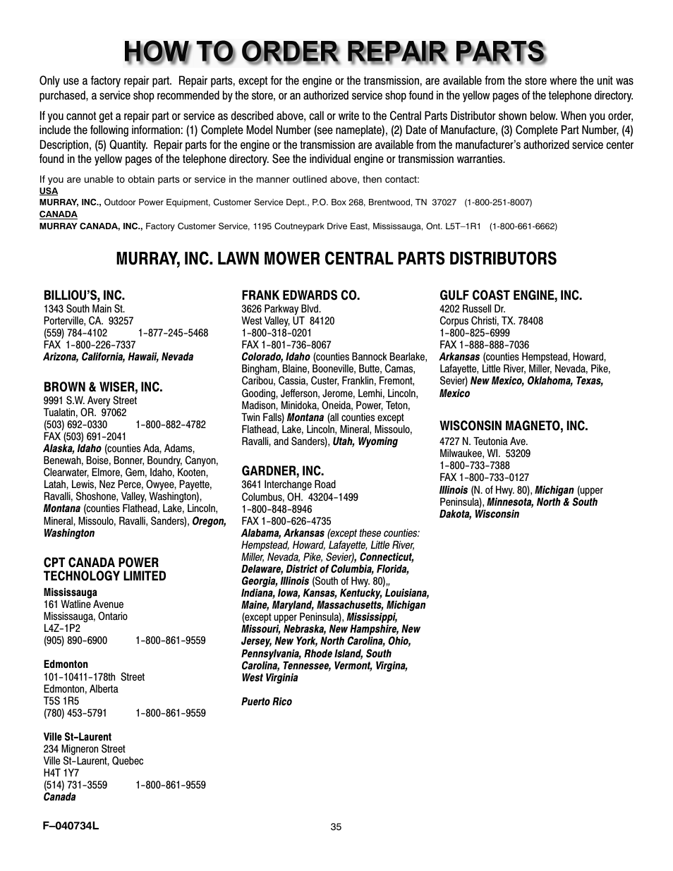 Murray, inc. lawn mower central parts distributors | Murray 425015x92A User Manual | Page 35 / 52