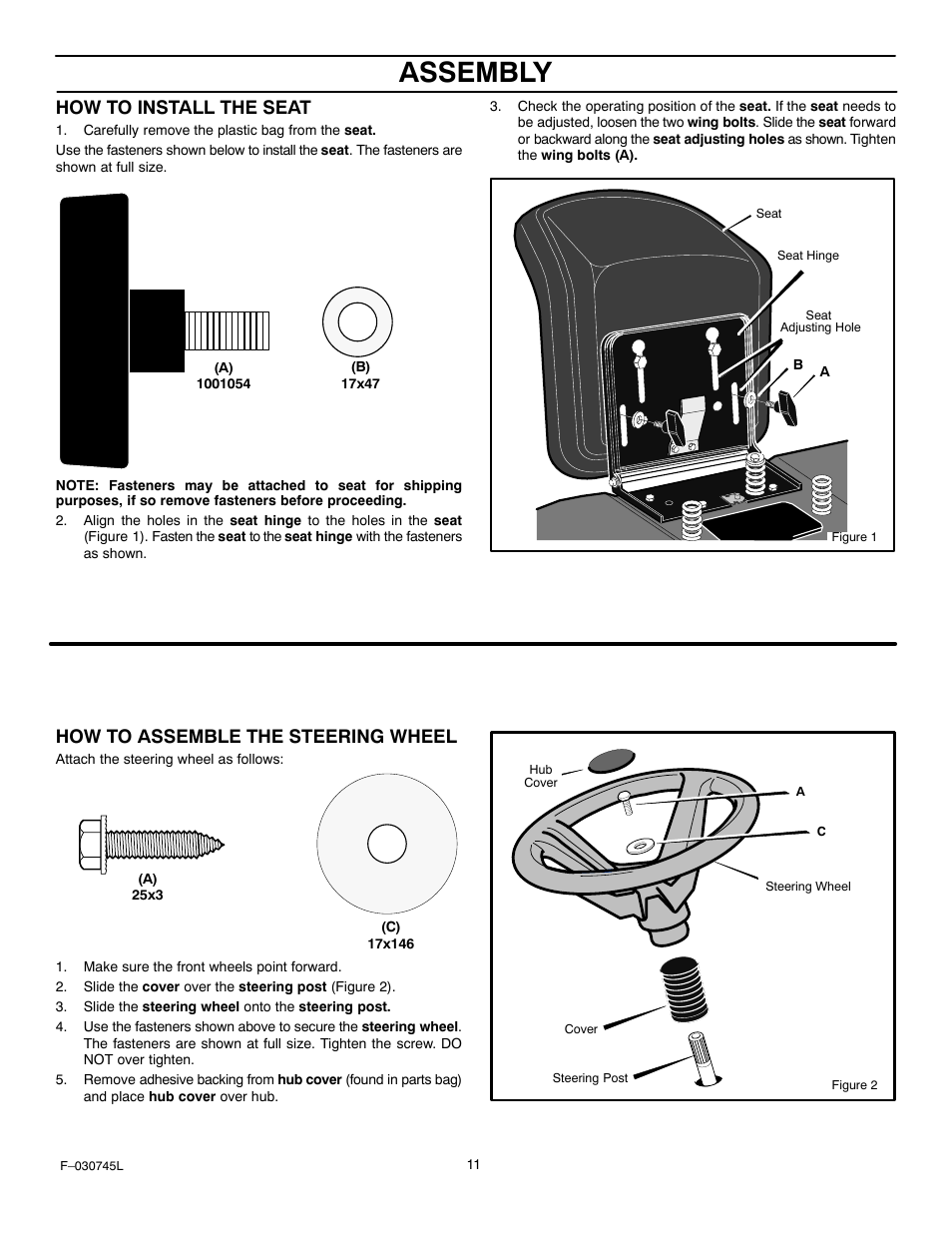 Assembly, How to install the seat, How to assemble the steering wheel | Murray 405000x8B User Manual | Page 11 / 52