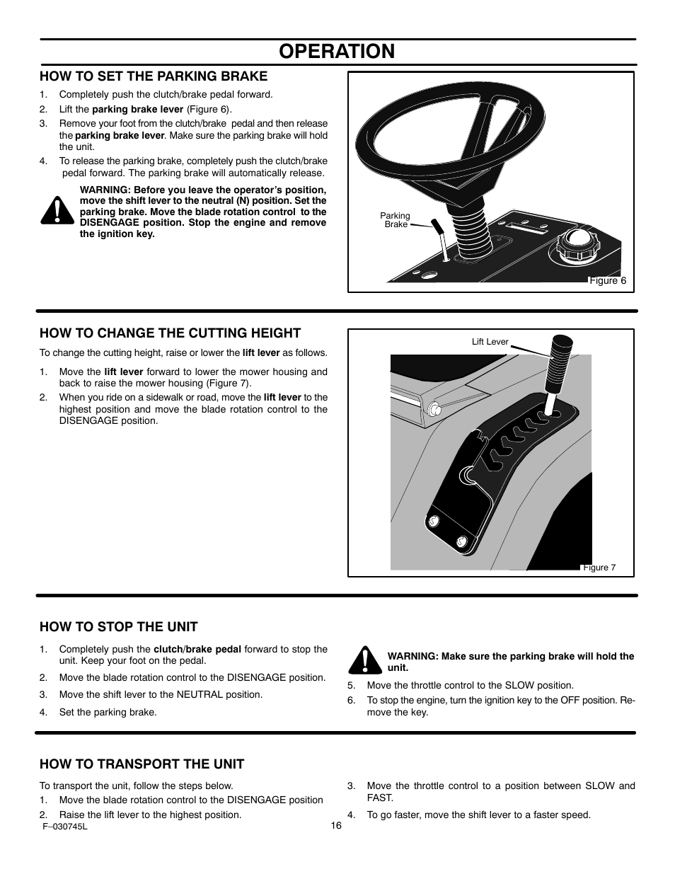 Operation, How to set the parking brake, How to change the cutting height | How to stop the unit, How to transport the unit | Murray 405000x8B User Manual | Page 16 / 52