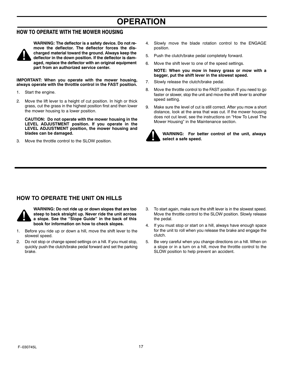 Operation, How to operate with the mower housing, How to operate the unit on hills | Murray 405000x8B User Manual | Page 17 / 52