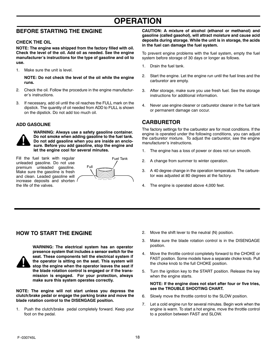 Operation, Before starting the engine, Carburetor | How to start the engine | Murray 405000x8B User Manual | Page 18 / 52