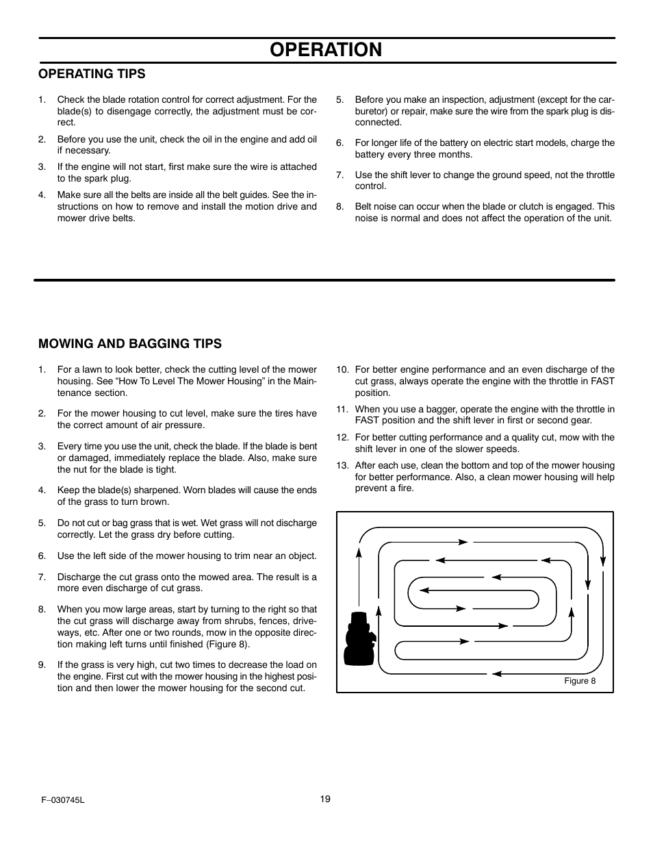 Operation, Operating tips, Mowing and bagging tips | Murray 405000x8B User Manual | Page 19 / 52