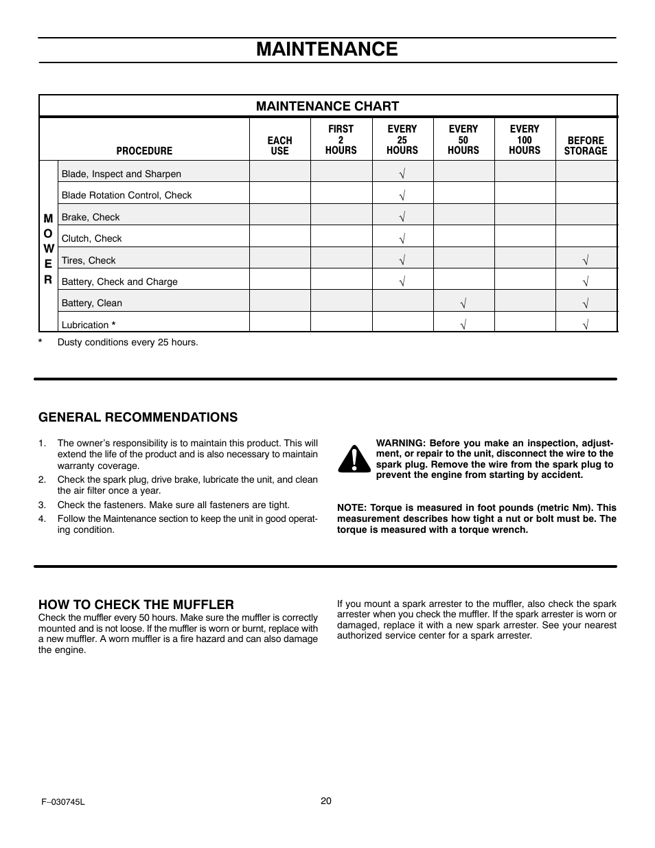 Maintenance | Murray 405000x8B User Manual | Page 20 / 52