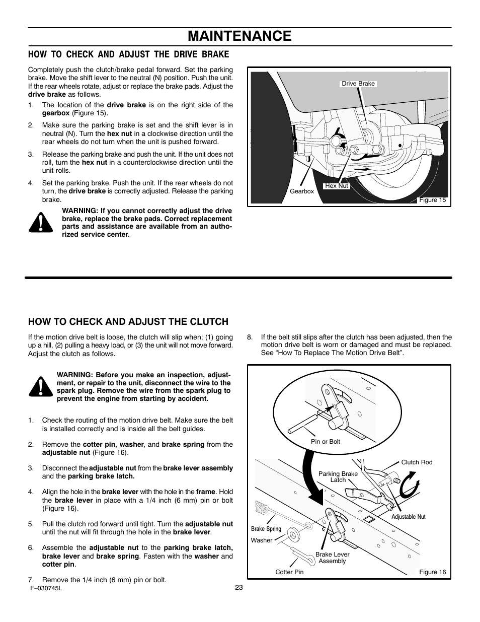 Maintenance, How to check and adjust the drive brake, How to check and adjust the clutch | Murray 405000x8B User Manual | Page 23 / 52