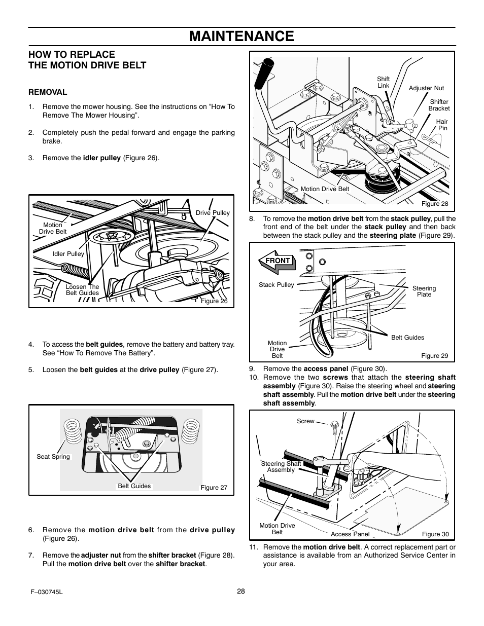 Maintenance, How to replace the motion drive belt | Murray 405000x8B User Manual | Page 28 / 52