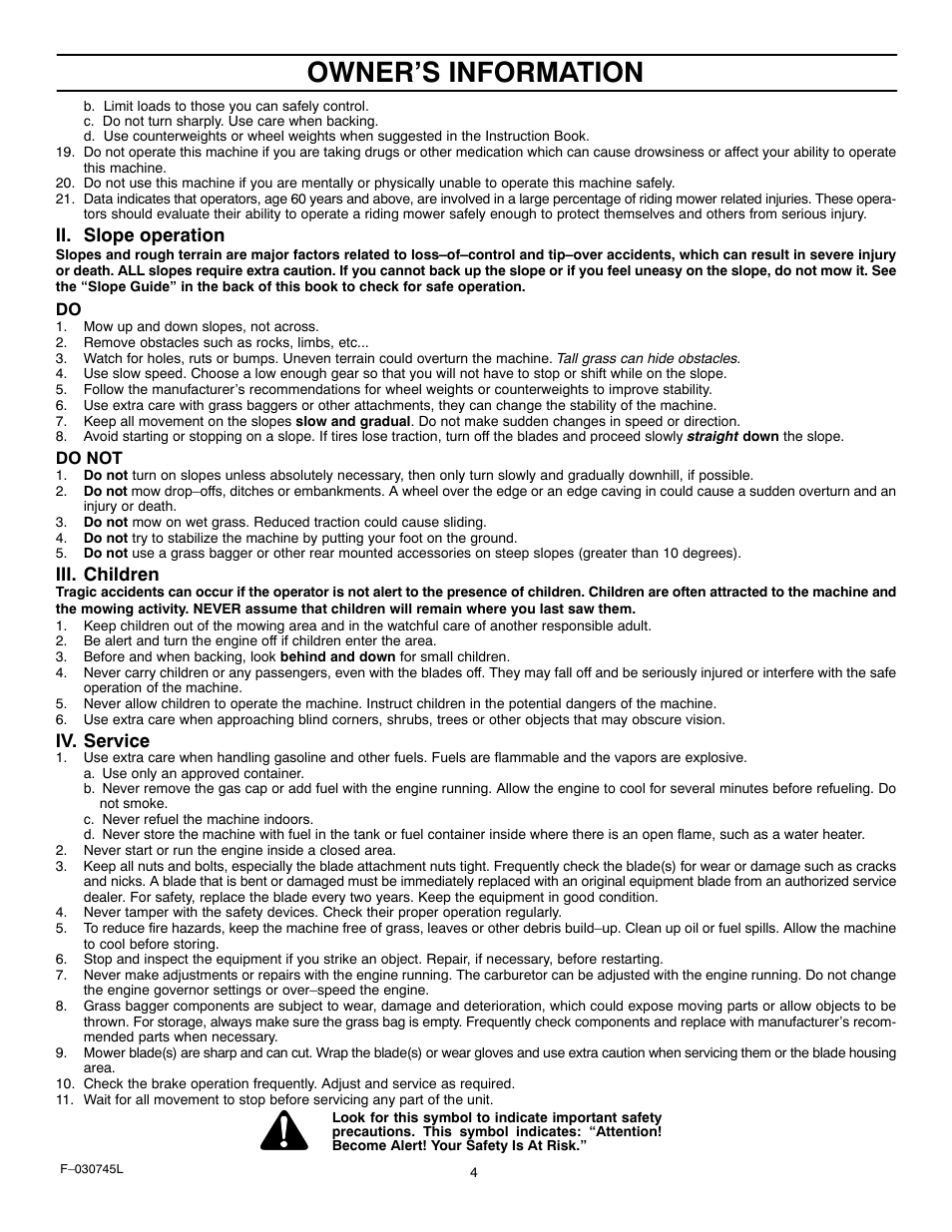 Owner’s information, Ii. slope operation, Iii. children | Iv. service | Murray 405000x8B User Manual | Page 4 / 52