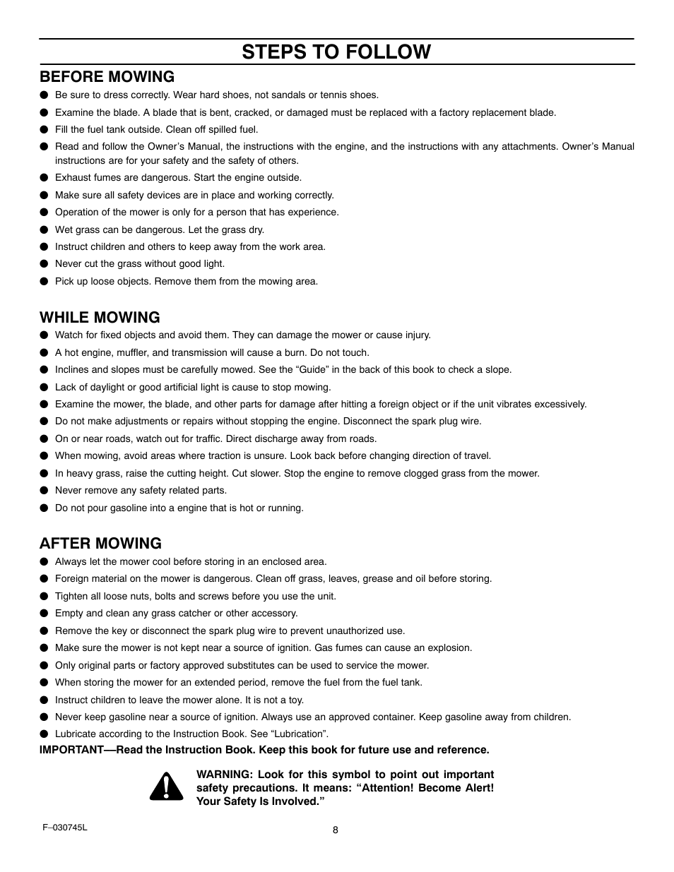 Steps to follow, Before mowing, While mowing | After mowing | Murray 405000x8B User Manual | Page 8 / 52