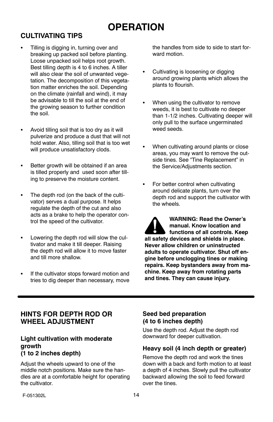 Operation, Cultivating tips, Hints for depth rod or wheel adjustment | Murray 11053x92a User Manual | Page 14 / 28