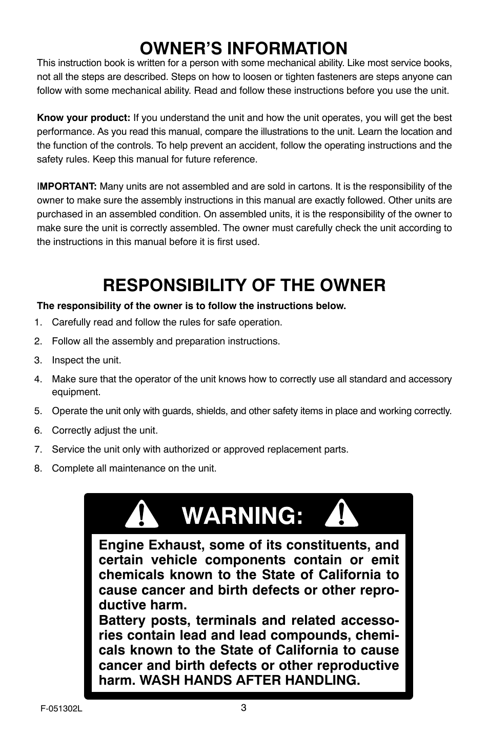 Owner’s information, Responsibility of the owner | Murray 11053x92a User Manual | Page 3 / 28