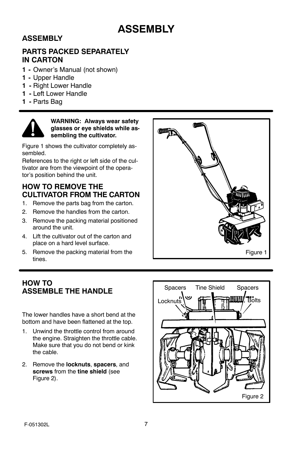 Assembly, Assembly parts packed separately in carton, How to remove the cultivator from the carton | How to assemble the handle | Murray 11053x92a User Manual | Page 7 / 28