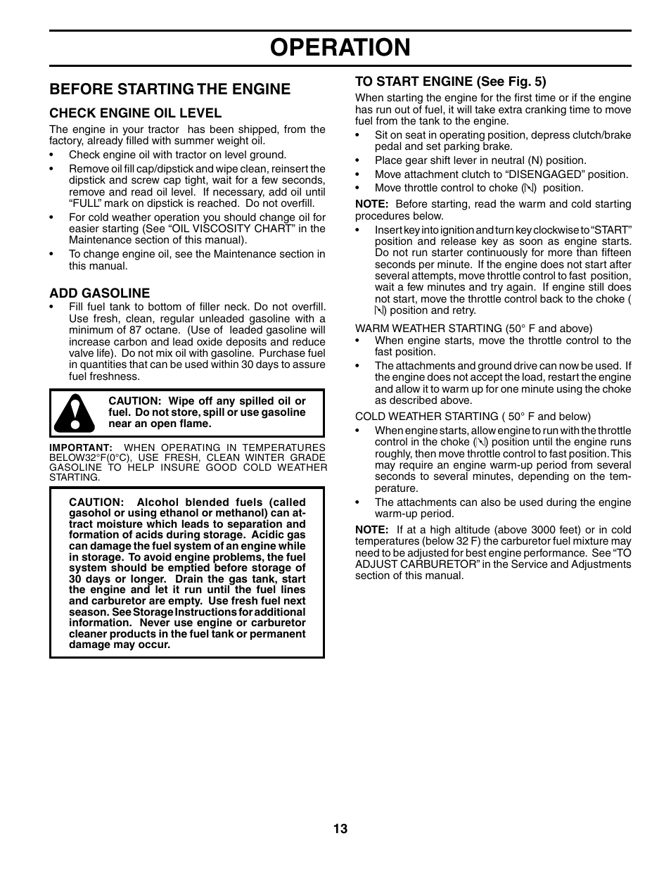 Operation, Before starting the engine | Murray MB12538LT User Manual | Page 13 / 28