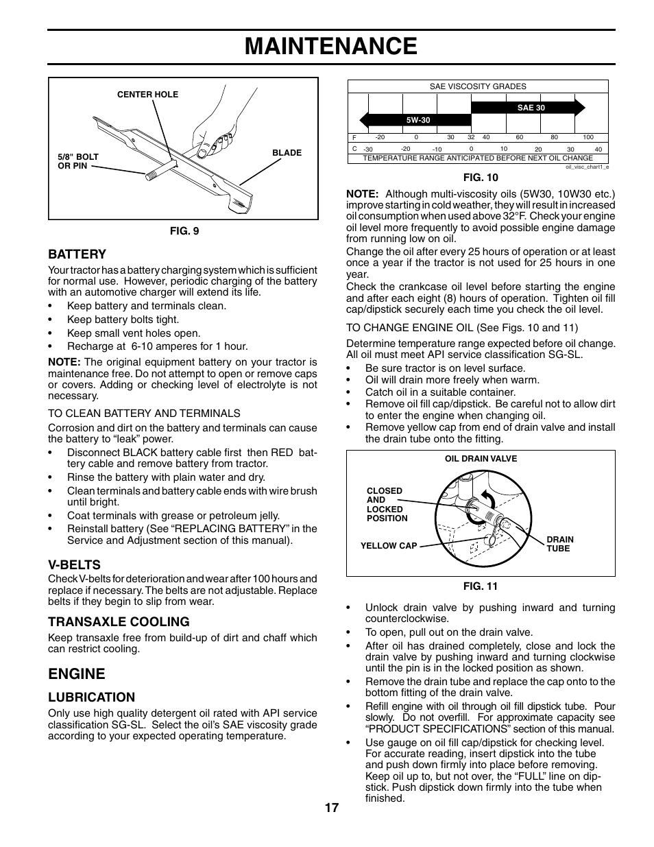 Maintenance, Engine, Battery | V-belts, Transaxle cooling, Lubrication | Murray MB12538LT User Manual | Page 17 / 28
