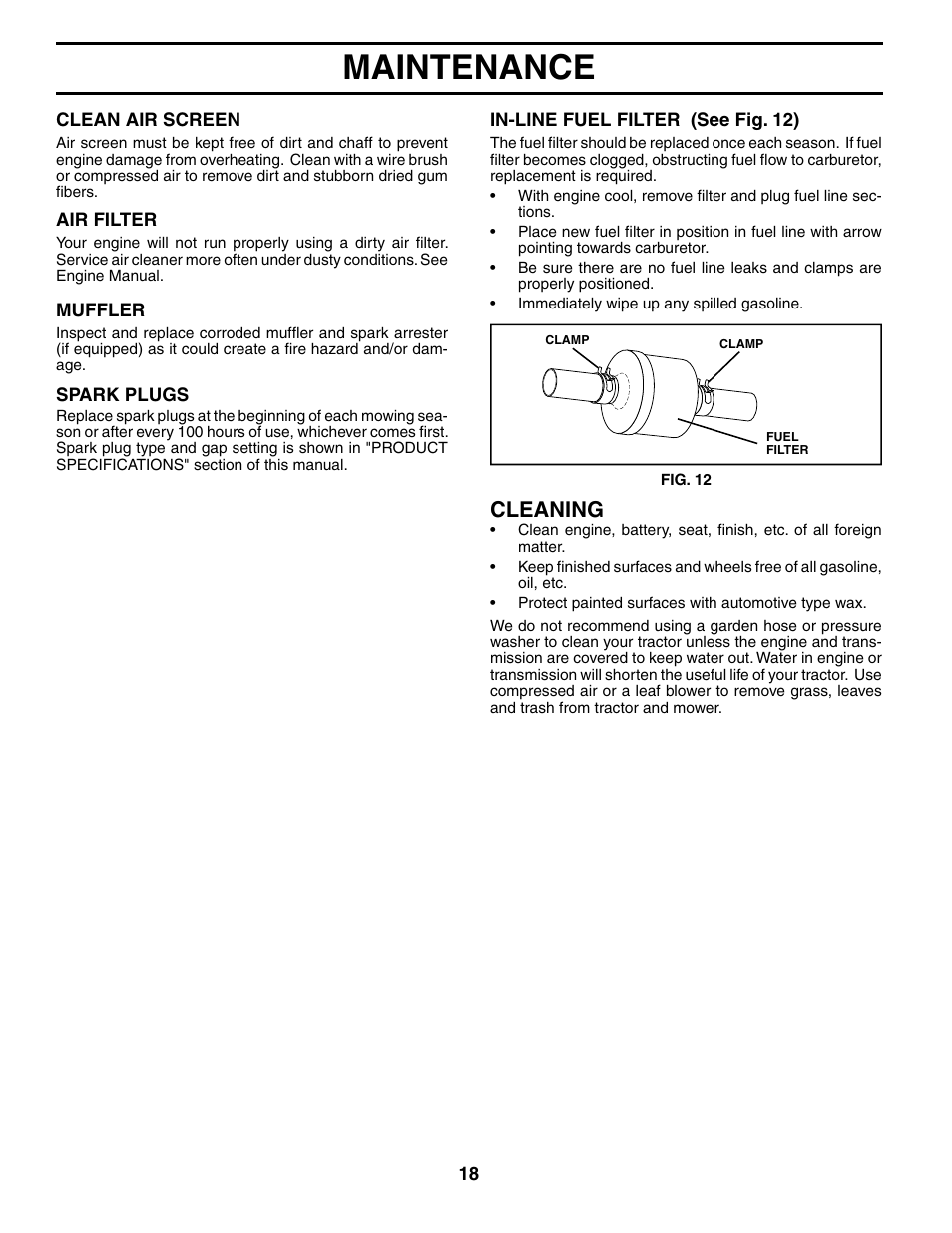 Maintenance, Cleaning | Murray MB12538LT User Manual | Page 18 / 28