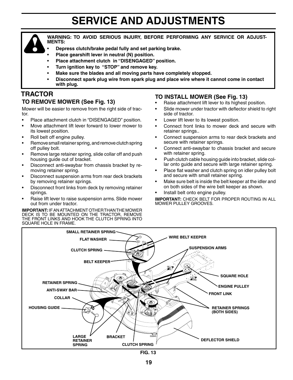 Service and adjustments, Tractor | Murray MB12538LT User Manual | Page 19 / 28