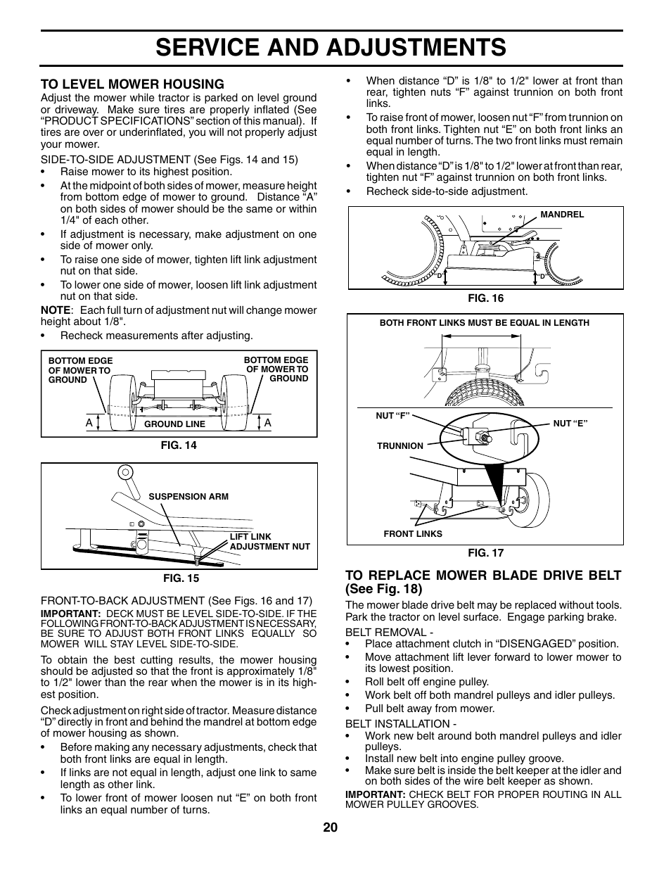 Service and adjustments | Murray MB12538LT User Manual | Page 20 / 28