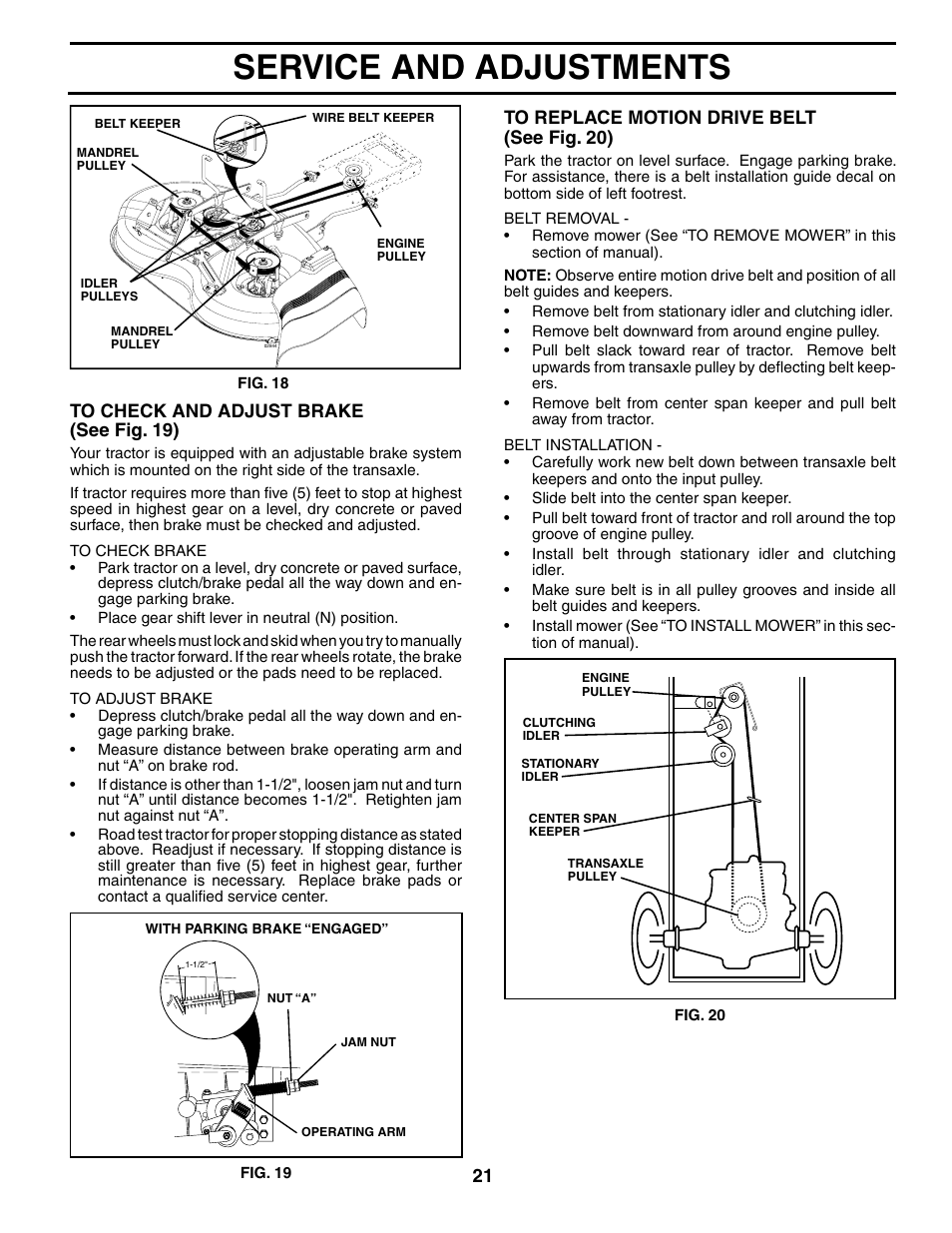 Service and adjustments | Murray MB12538LT User Manual | Page 21 / 28