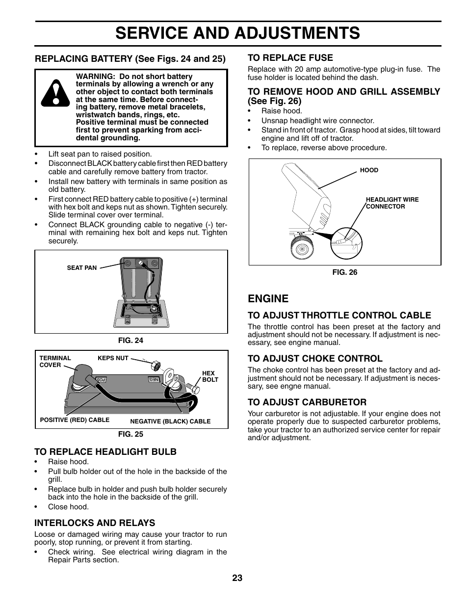 Service and adjustments, Engine | Murray MB12538LT User Manual | Page 23 / 28