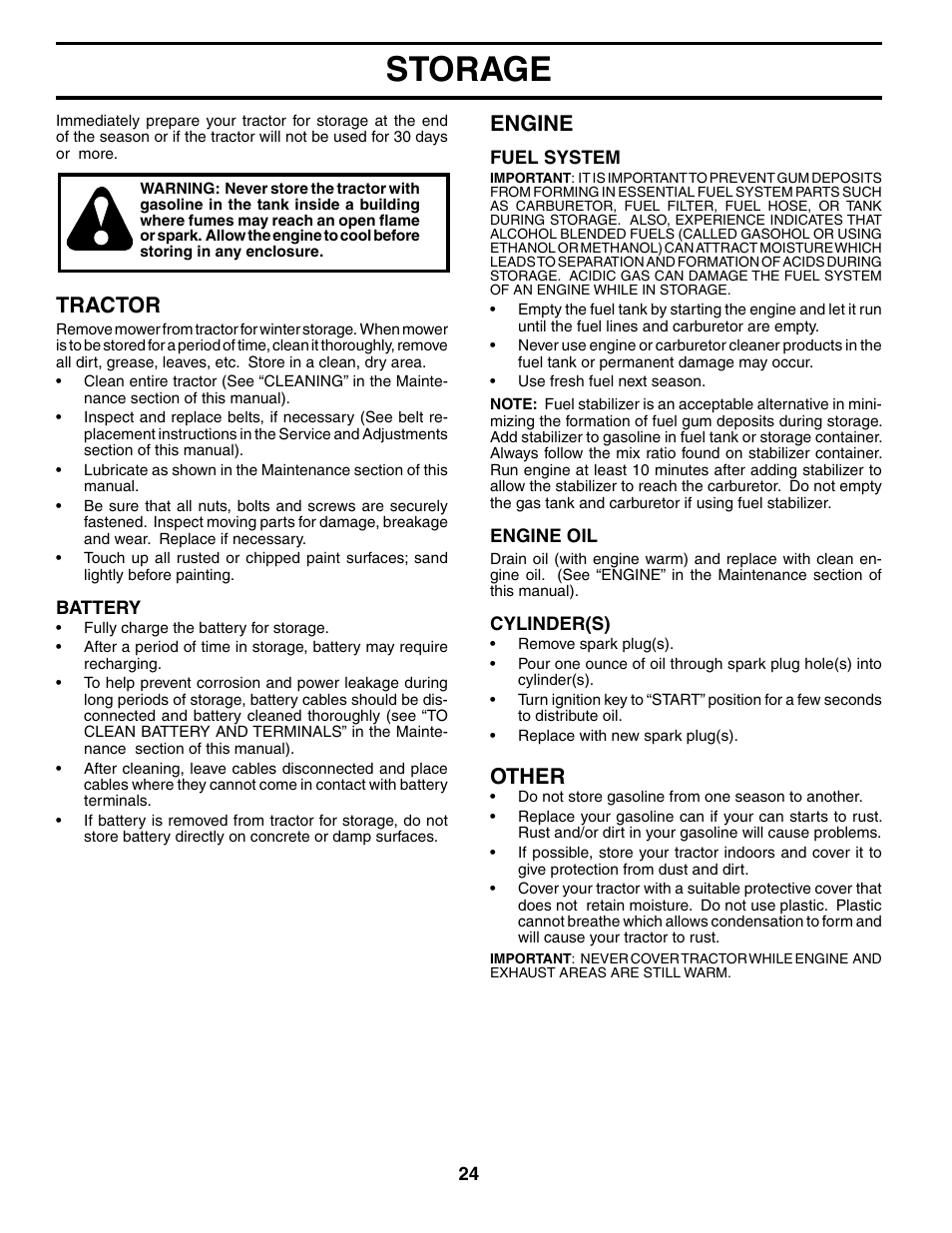 Storage, Tractor, Engine | Other | Murray MB12538LT User Manual | Page 24 / 28