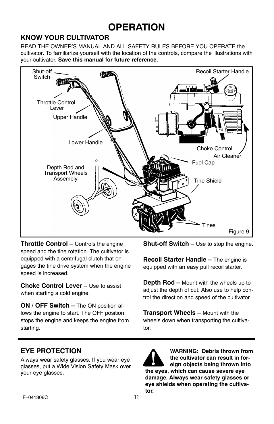 Operation, Know your cultivator, Eye protection | Murray 11052x4NC User Manual | Page 11 / 72