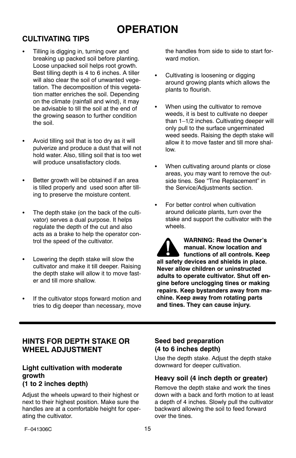 Operation, Cultivating tips, Hints for depth stake or wheel adjustment | Murray 11052x4NC User Manual | Page 15 / 72