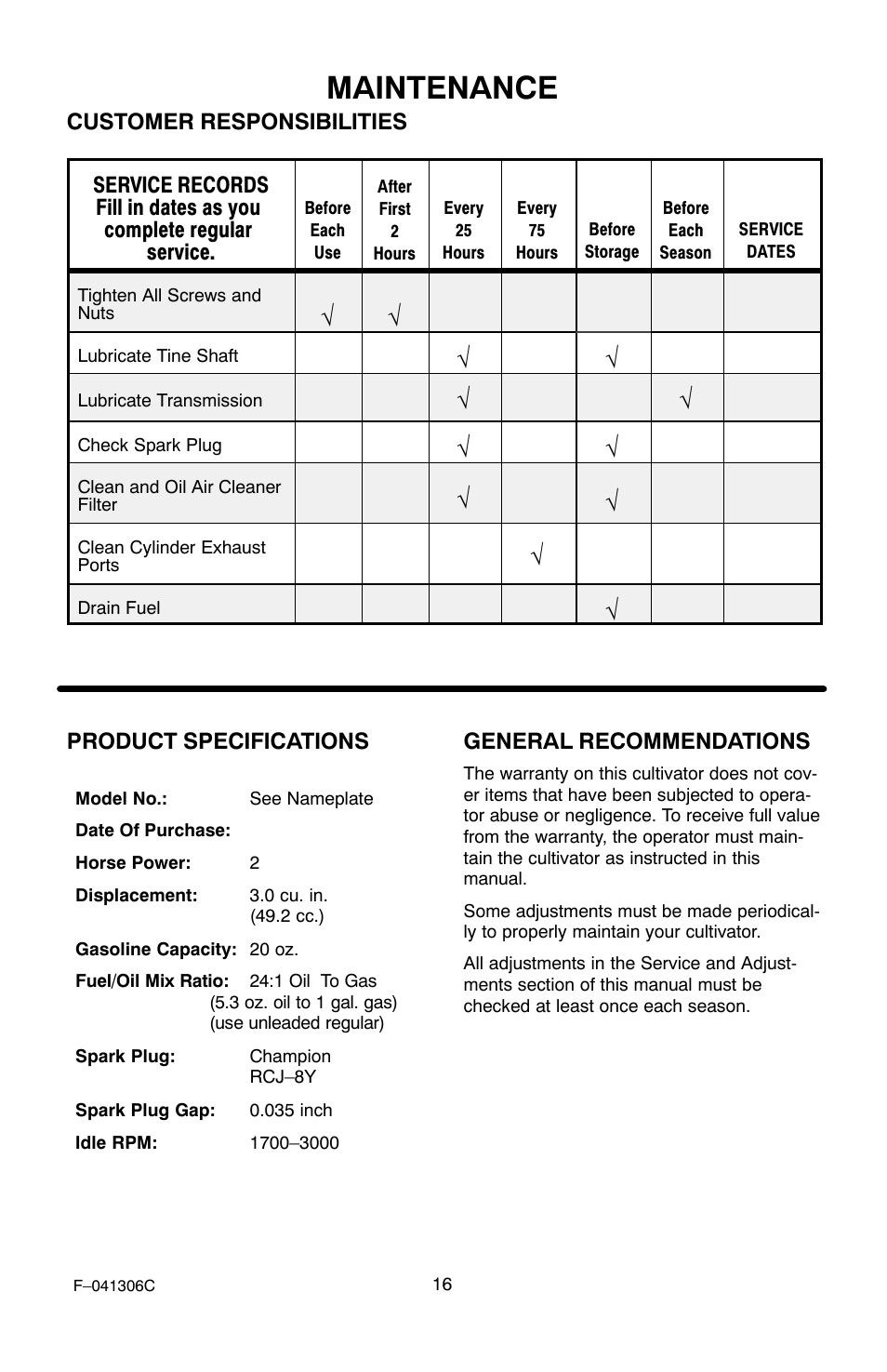 Maintenance | Murray 11052x4NC User Manual | Page 16 / 72