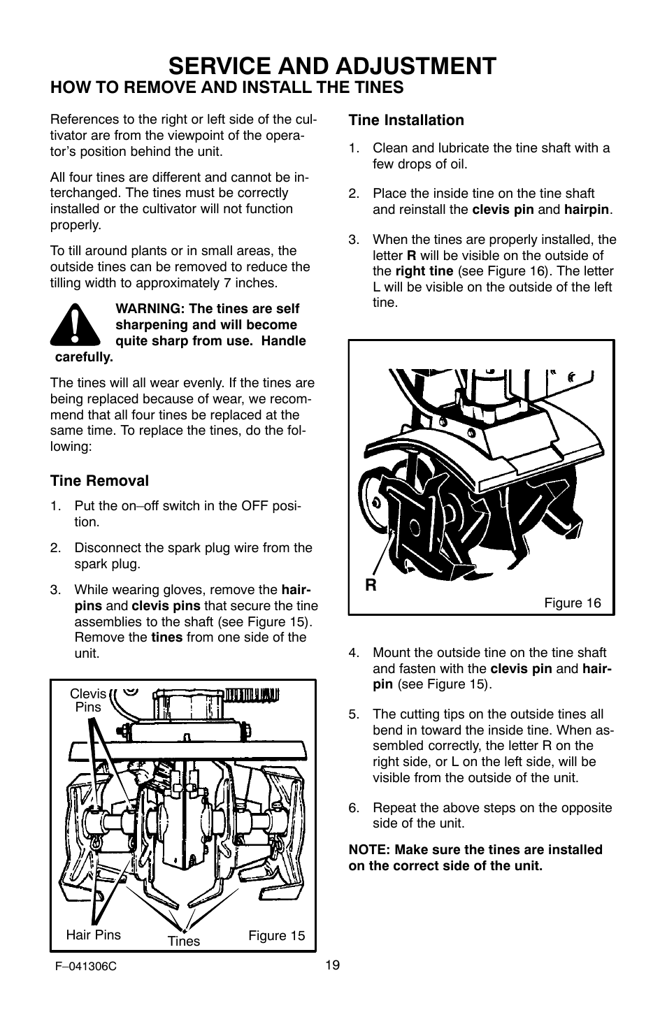 Service and adjustment, How to remove and install the tines | Murray 11052x4NC User Manual | Page 19 / 72