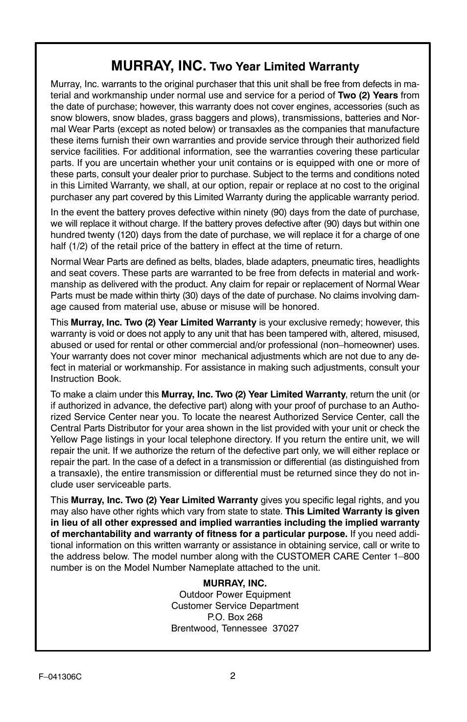 Murray, inc, Two year limited warranty | Murray 11052x4NC User Manual | Page 2 / 72