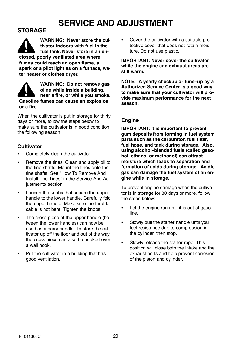 Service and adjustment, Storage | Murray 11052x4NC User Manual | Page 20 / 72