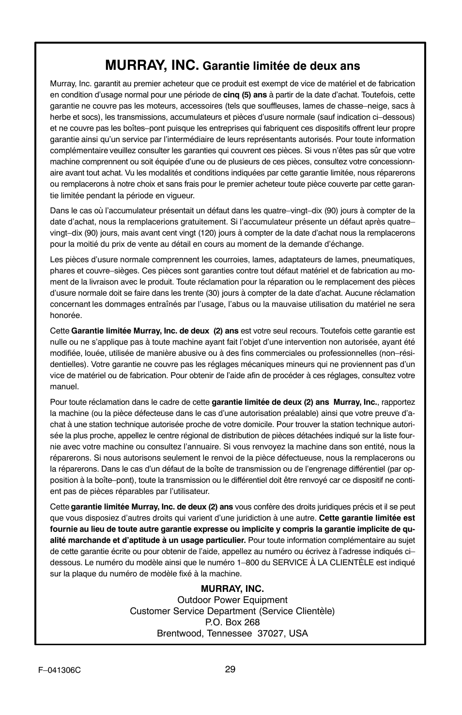 Murray, inc, Garantie limitée de deux ans | Murray 11052x4NC User Manual | Page 29 / 72