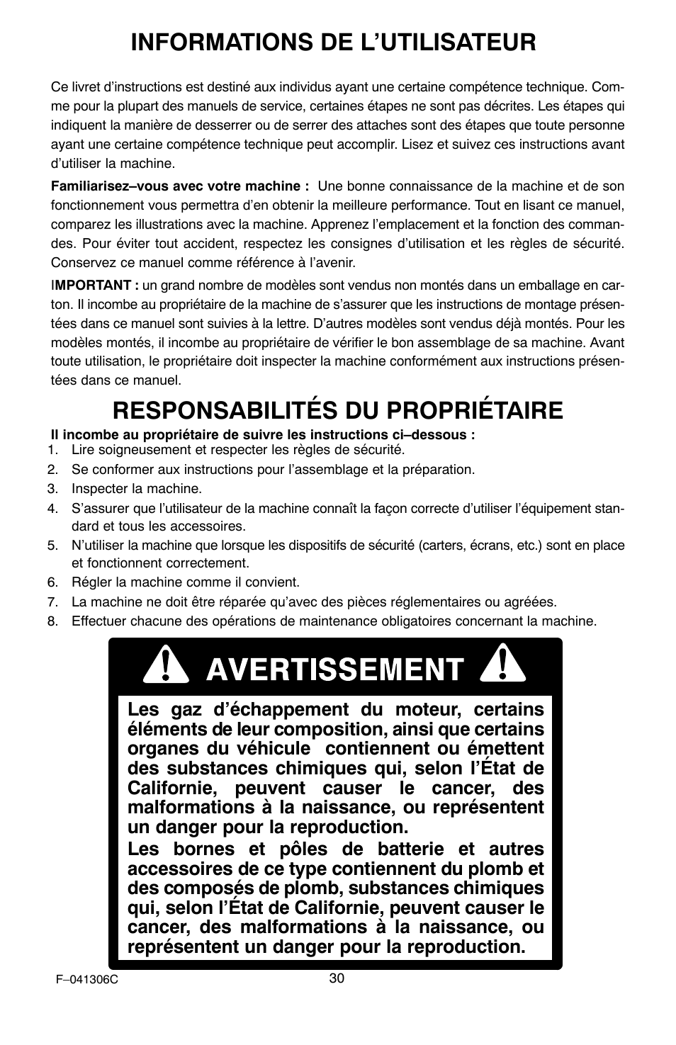 Informations de l’utilisateur, Responsabilités du propriétaire | Murray 11052x4NC User Manual | Page 30 / 72