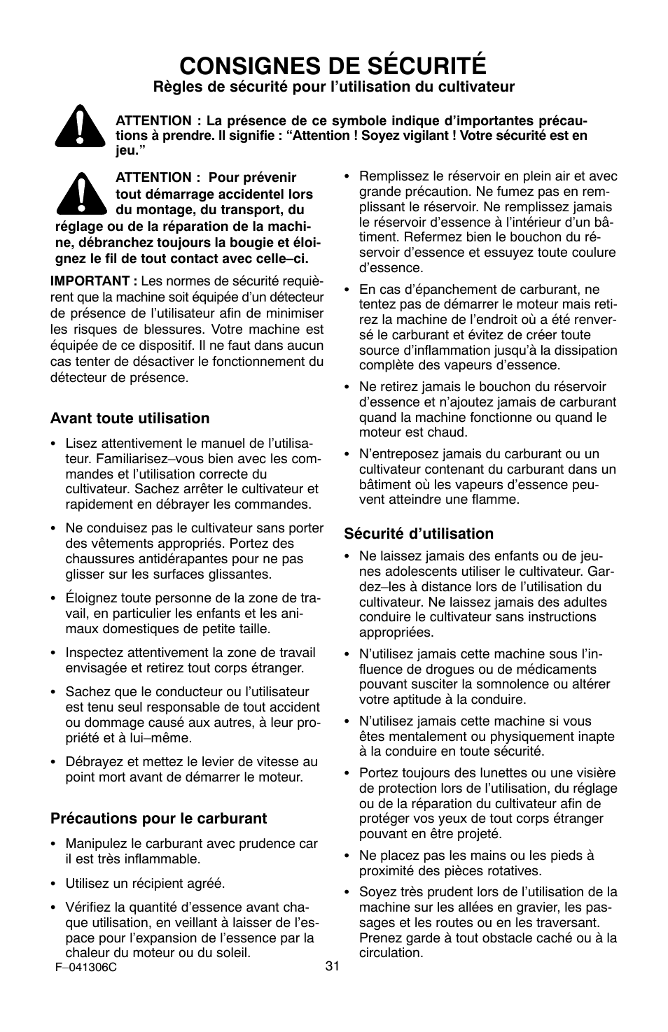 Consignes de sécurité | Murray 11052x4NC User Manual | Page 31 / 72