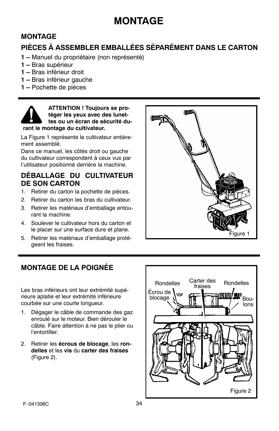 Montage, Déballage du cultivateur de son carton, Montage de la poignée | Murray 11052x4NC User Manual | Page 34 / 72