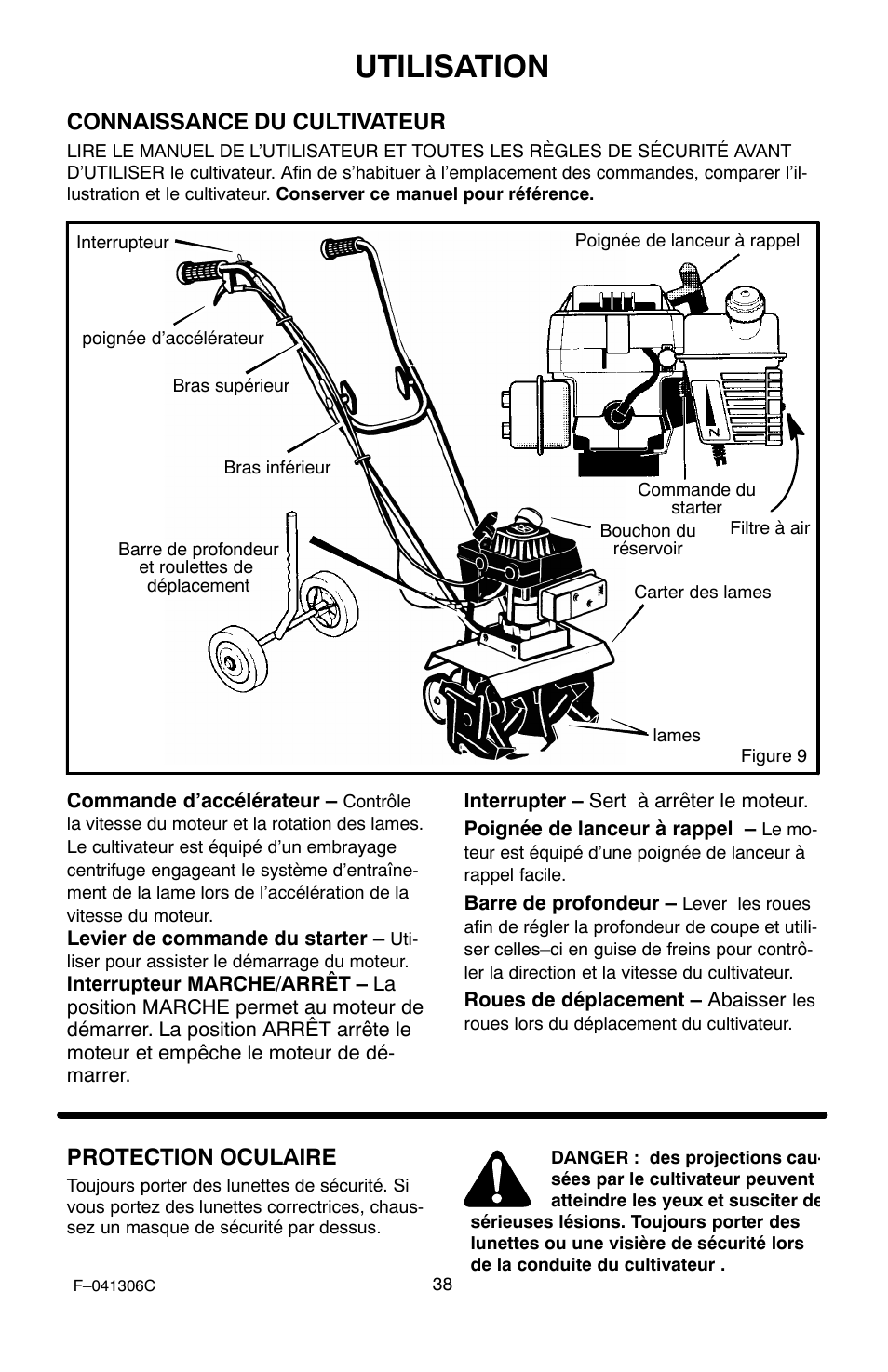 Utilisation, Connaissance du cultivateur, Protection oculaire | Murray 11052x4NC User Manual | Page 38 / 72