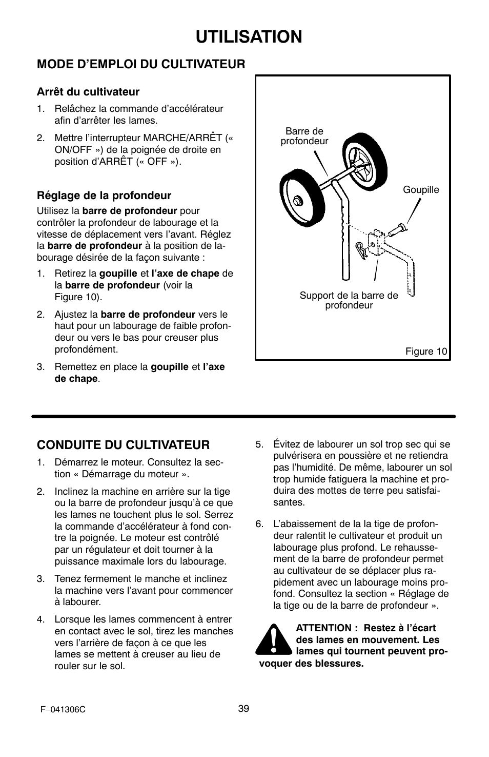 Utilisation, Mode d’emploi du cultivateur, Conduite du cultivateur | Murray 11052x4NC User Manual | Page 39 / 72