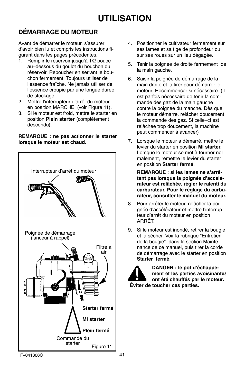 Utilisation, Démarrage du moteur | Murray 11052x4NC User Manual | Page 41 / 72