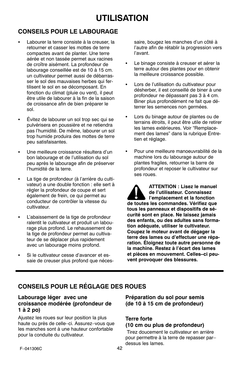 Utilisation, Conseils pour le labourage, Conseils pour le réglage des roues | Murray 11052x4NC User Manual | Page 42 / 72