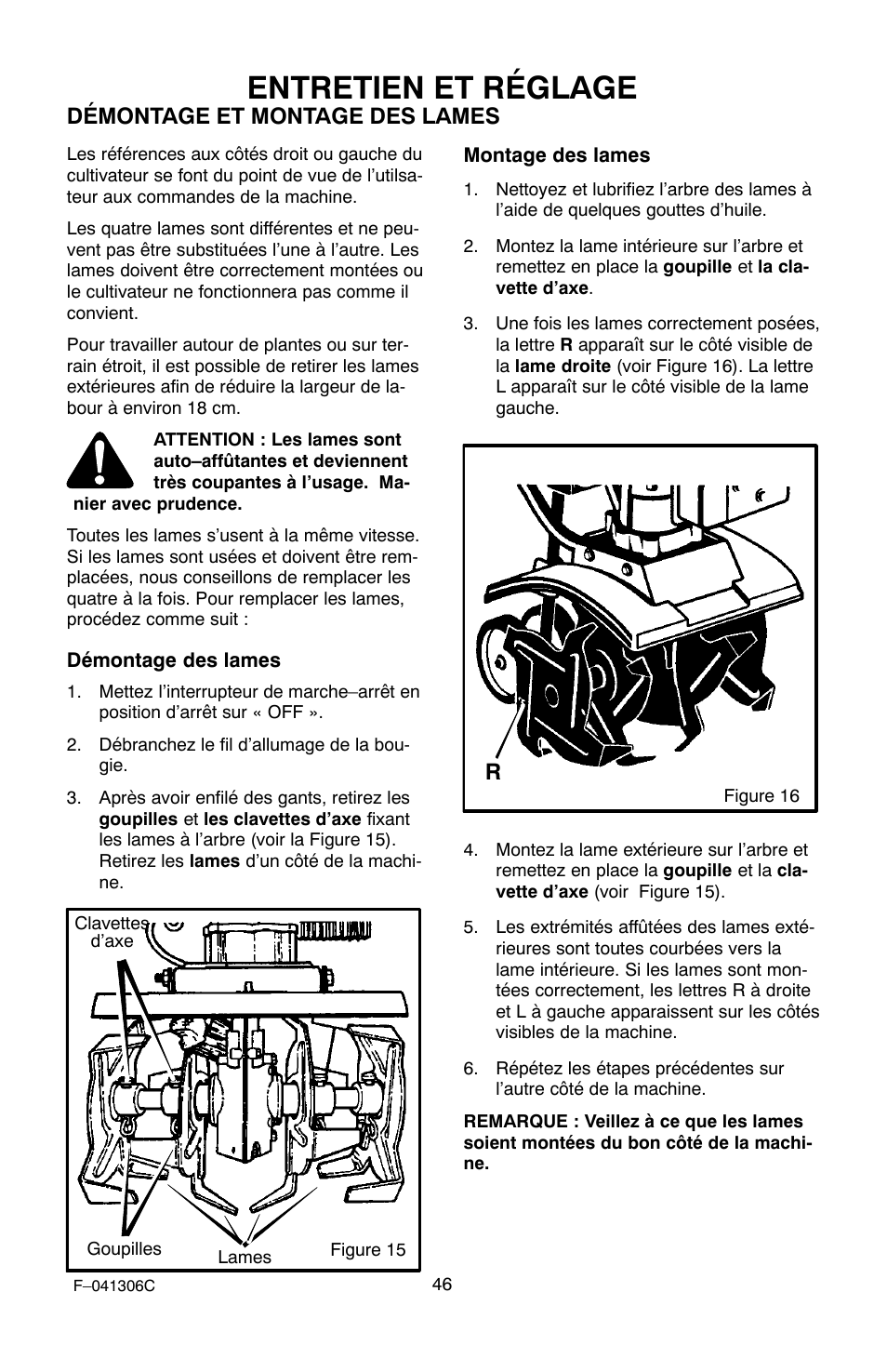 Entretien et réglage, Démontage et montage des lames | Murray 11052x4NC User Manual | Page 46 / 72