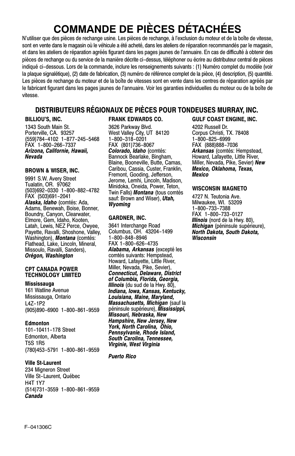 Commande de pièces détachées | Murray 11052x4NC User Manual | Page 49 / 72