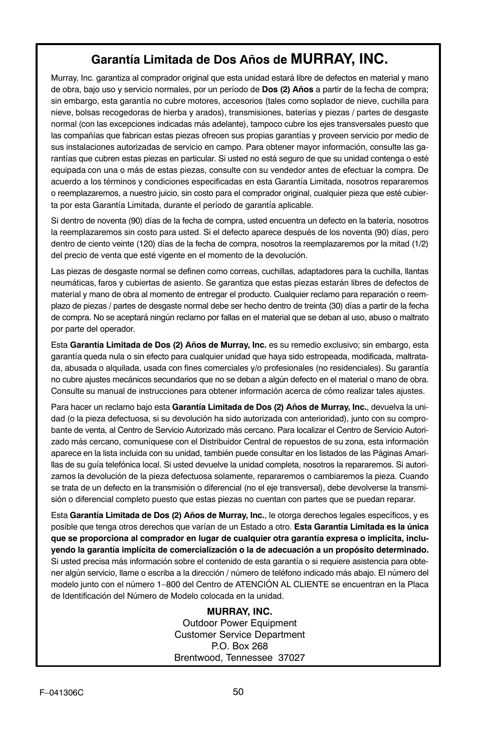 Murray, inc, Garantía limitada de dos años de | Murray 11052x4NC User Manual | Page 50 / 72