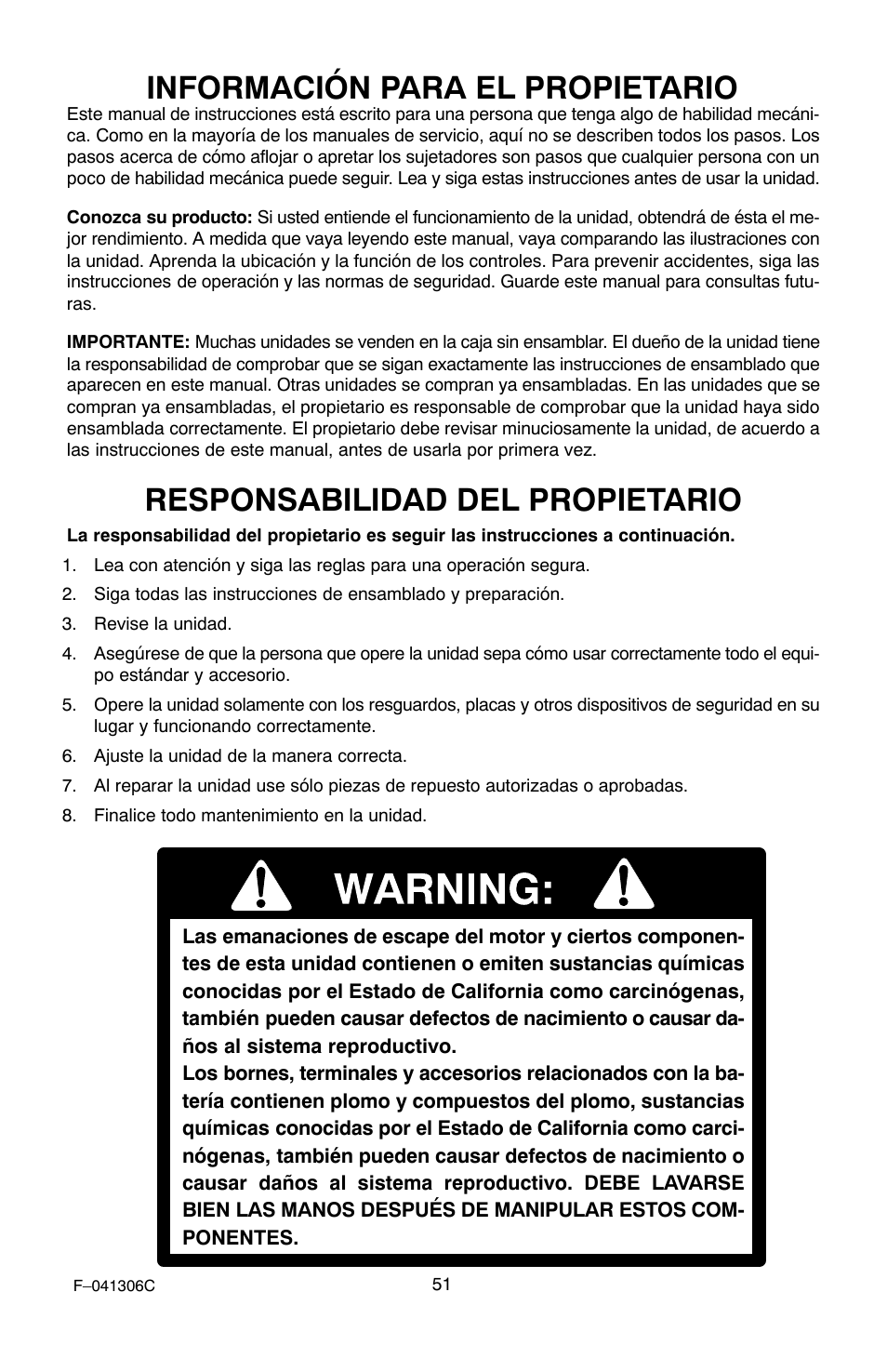 Información para el propietario, Responsabilidad del propietario | Murray 11052x4NC User Manual | Page 51 / 72