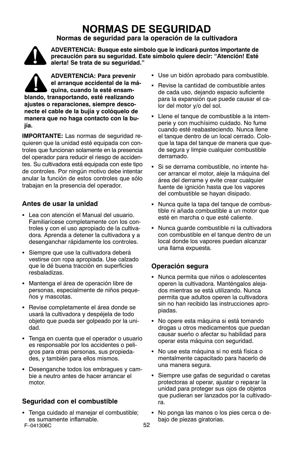 Normas de seguridad | Murray 11052x4NC User Manual | Page 52 / 72