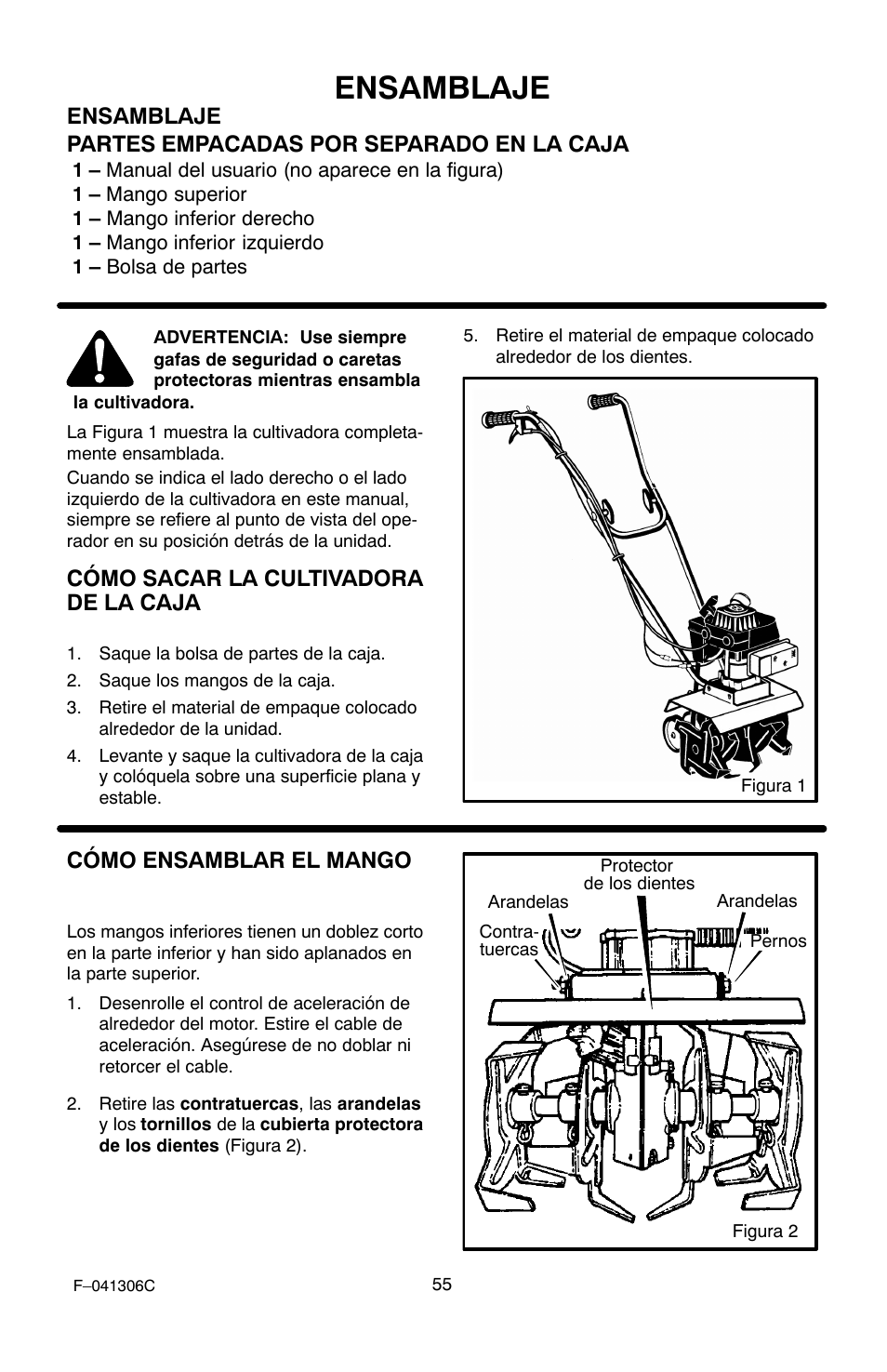 Ensamblaje, Cómo sacar la cultivadora de la caja, Cómo ensamblar el mango | Murray 11052x4NC User Manual | Page 55 / 72