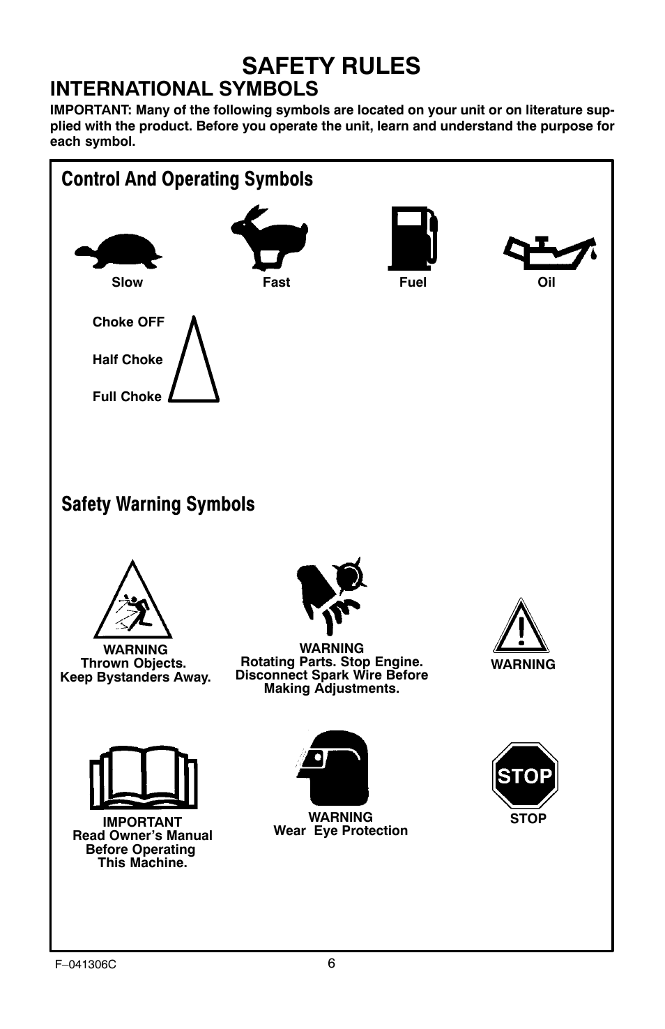 Safety rules, International symbols, Control and operating symbols | Safety warning symbols | Murray 11052x4NC User Manual | Page 6 / 72