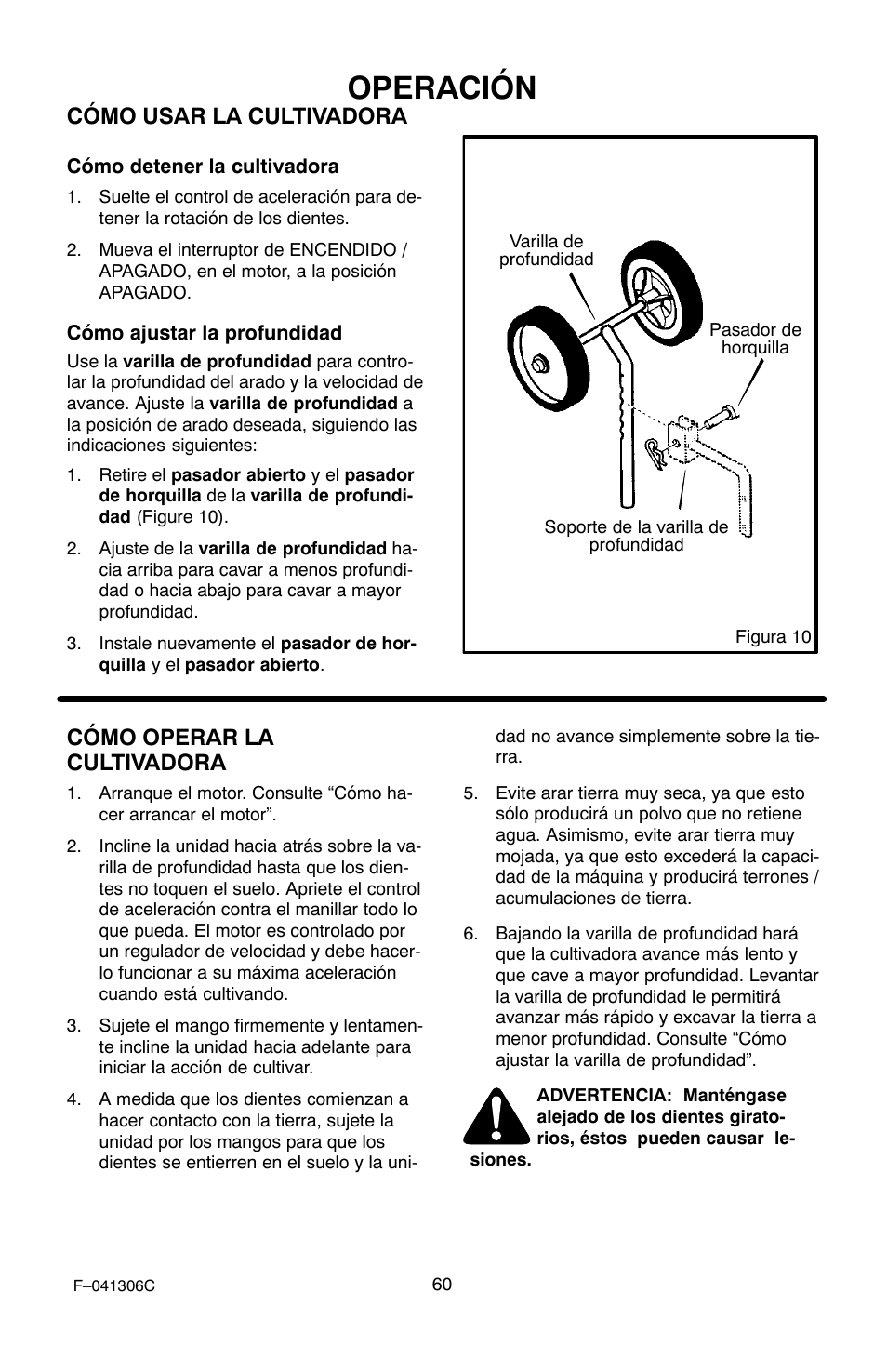 Operación, Cómo usar la cultivadora, Cómo operar la cultivadora | Murray 11052x4NC User Manual | Page 60 / 72