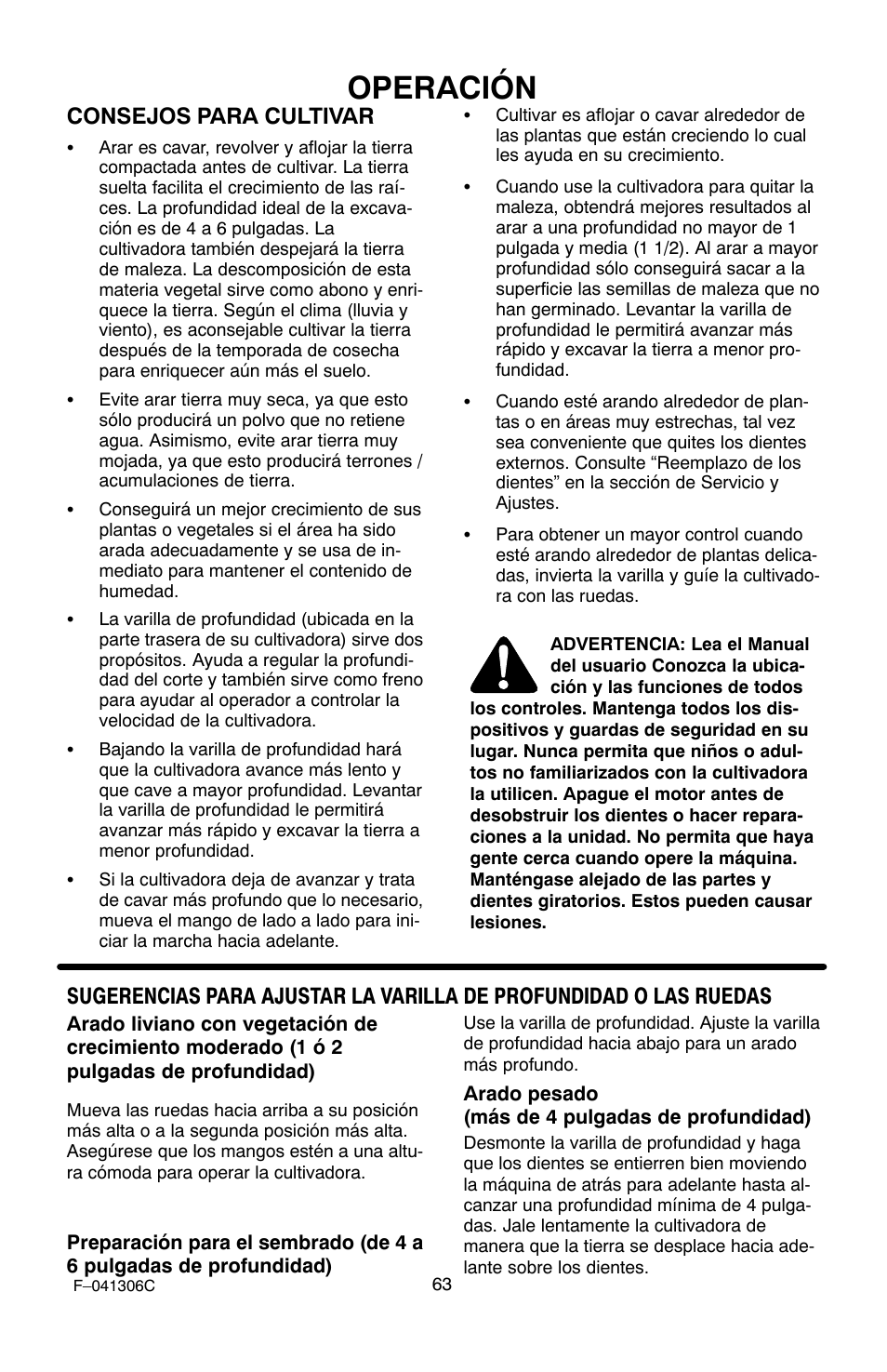 Operación, Consejos para cultivar | Murray 11052x4NC User Manual | Page 63 / 72