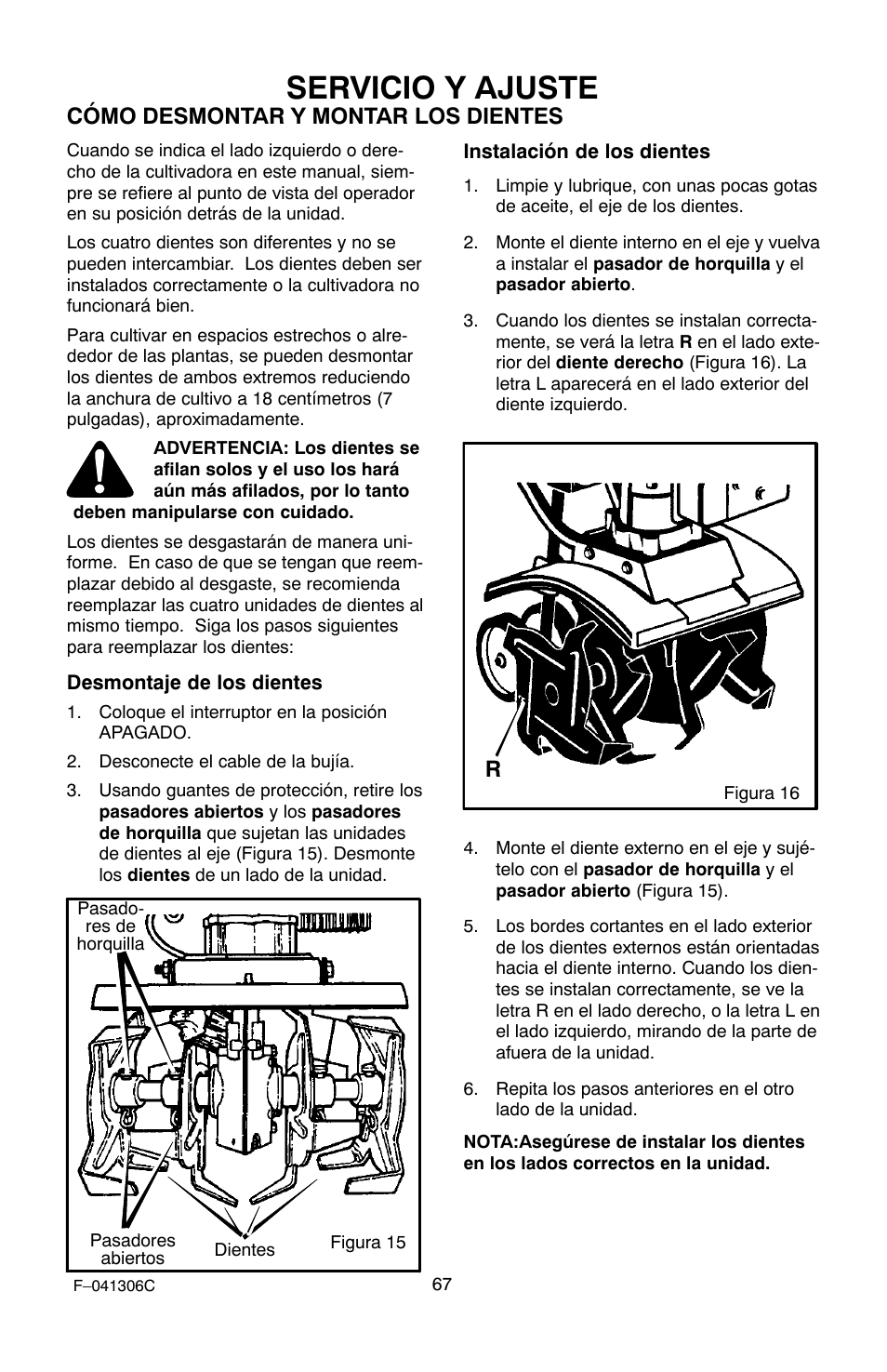 Servicio y ajuste, Cómo desmontar y montar los dientes | Murray 11052x4NC User Manual | Page 67 / 72