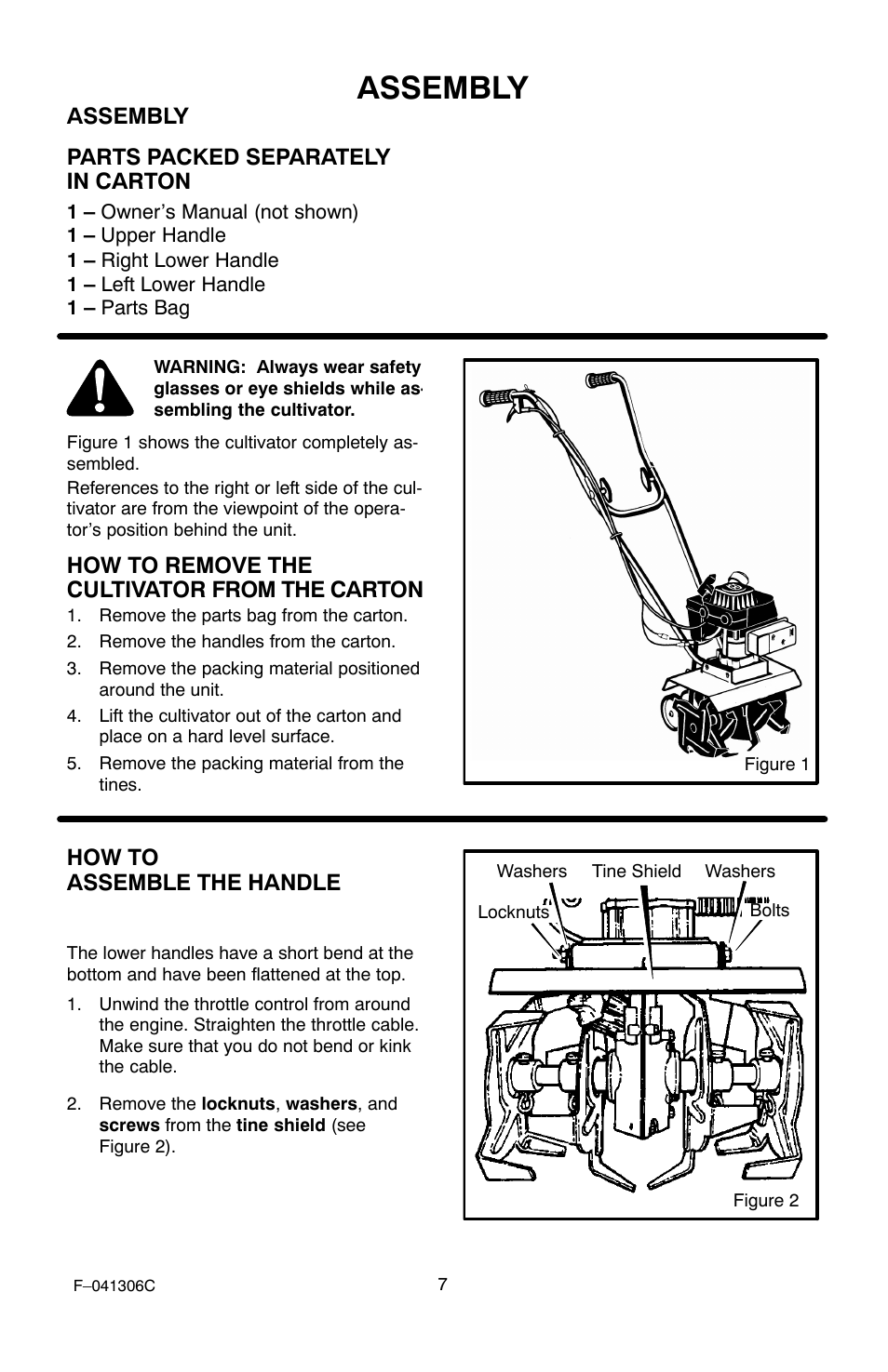 Assembly, Assembly parts packed separately in carton, How to remove the cultivator from the carton | How to assemble the handle | Murray 11052x4NC User Manual | Page 7 / 72